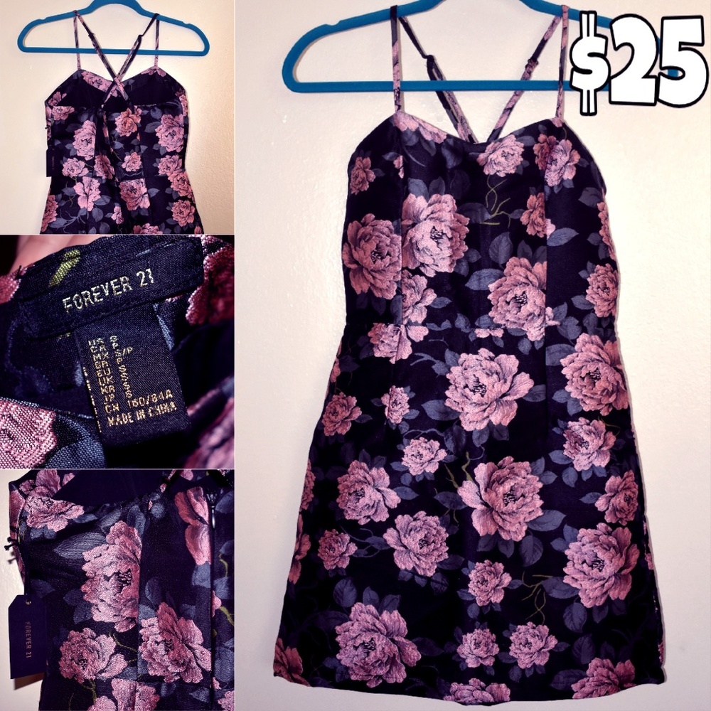 Forever 21 Black Dress With Pink Rose Pattern
